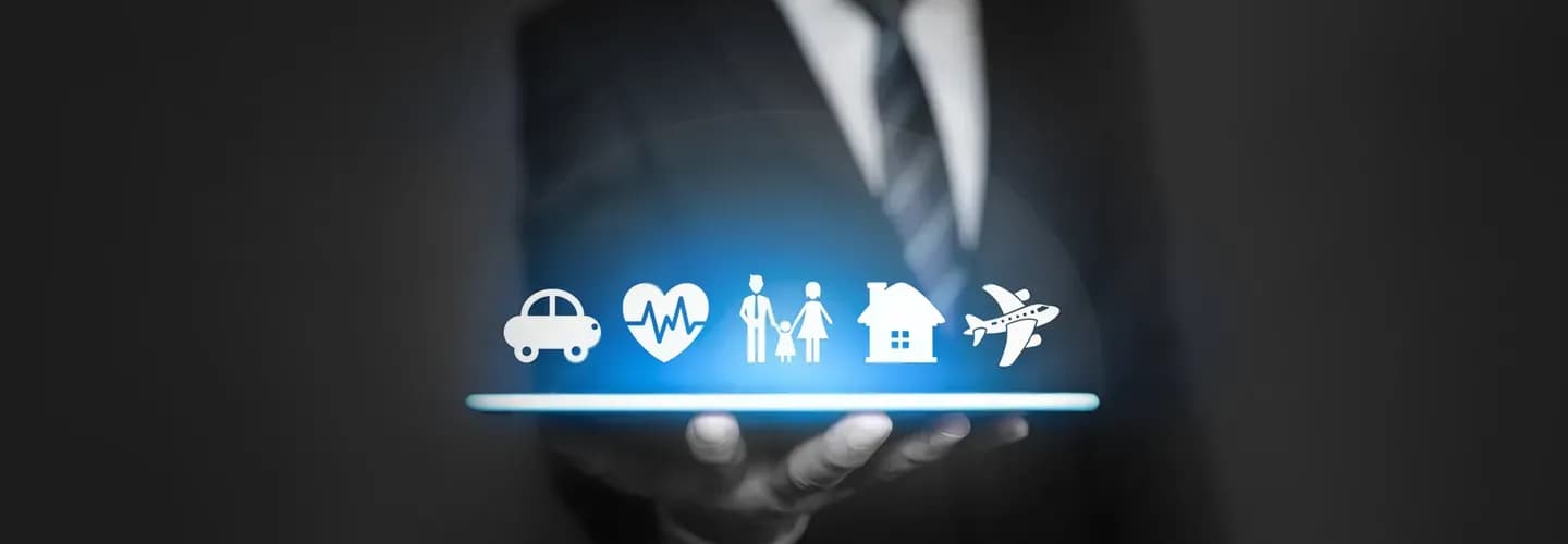A man holding a platform where all different icons such as car, heart, family, house and flight are portrayed.
