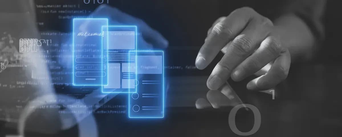 Close-up of a person interacting with a digital interface, highlighting various UI/UX design elements in blue overlays.
