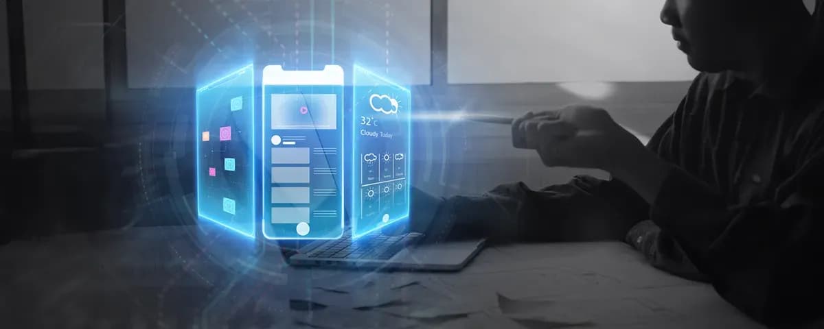 Person working on a futuristic holographic interface displaying different app screens and weather information