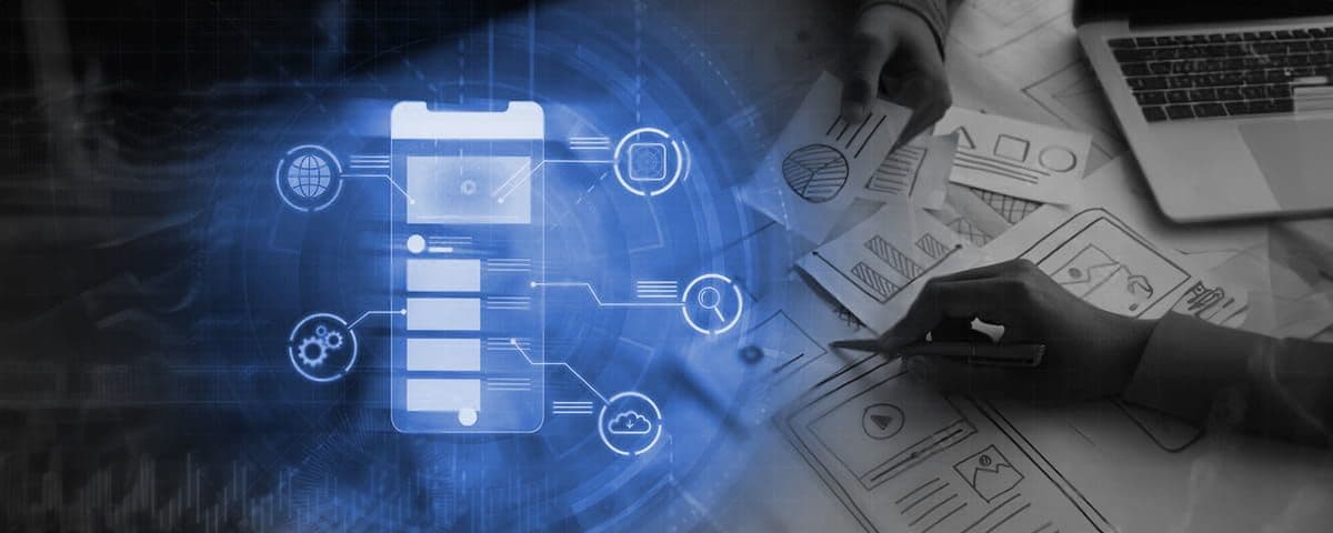 Hands working on a design blueprint with a laptop in the background, overlaid with a digital schematic of a mobile app interface in blue.