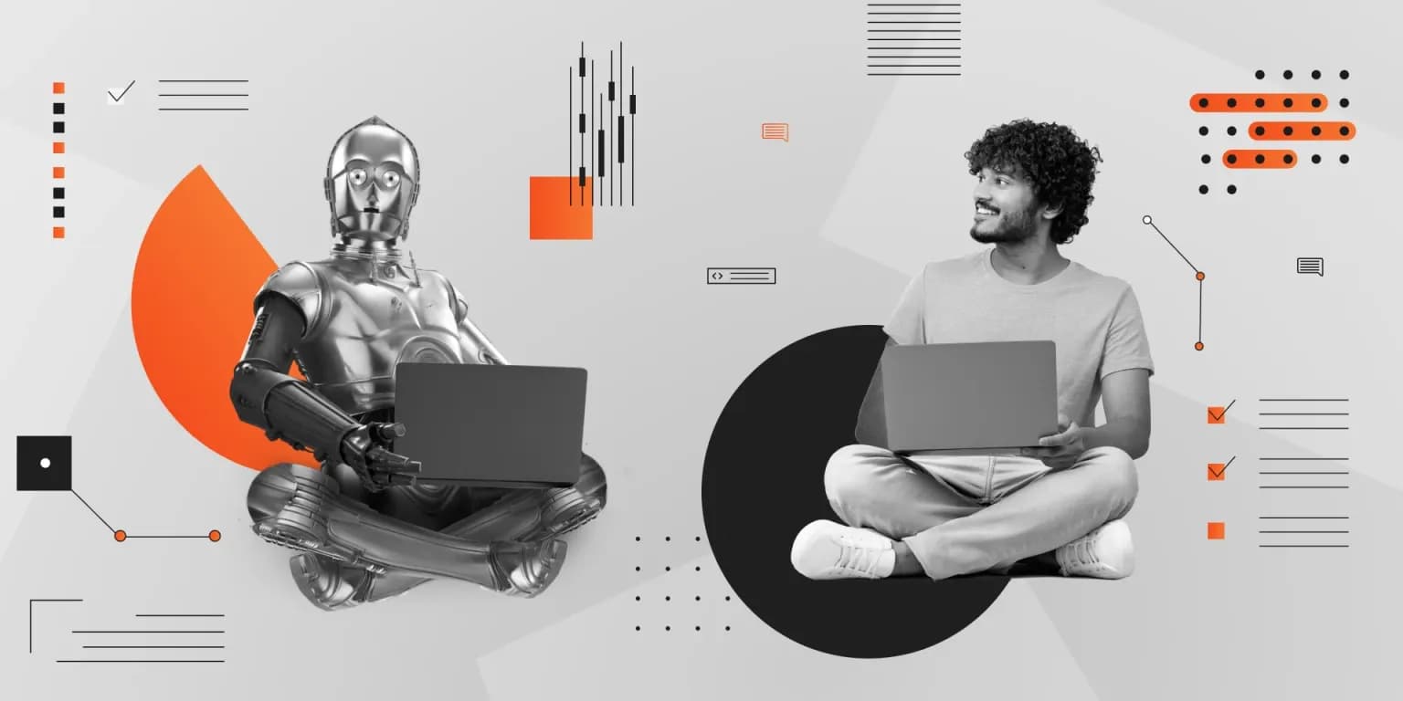 A boy sitting on the right with his laptop interacting with a robot sitting on left with a laptop