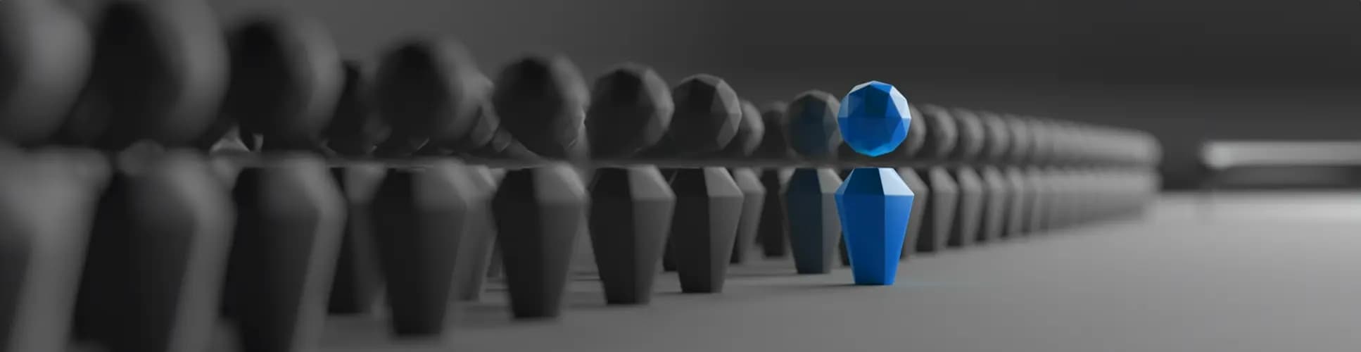 one blue colored chess coin, standing forward of all others black chess coins