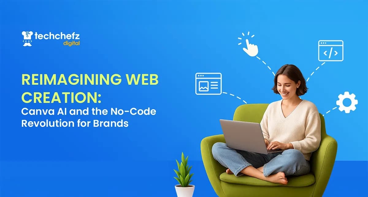 Reimagining Web Creation: Canva AI and the No-Code revolution for brands' on blue background with web icons